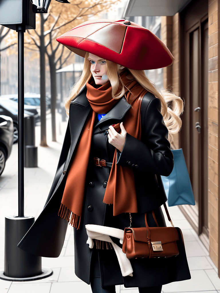 AI generated: The image features a woman walking down the street, wearing fall outfit, a red scarf and a black coa...