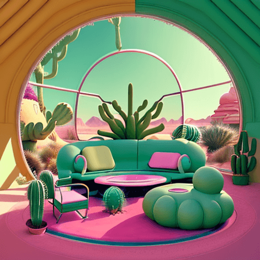AI generated: cactus plants and a couch in a desert setting with a round window, futuristic in the desert, googie ...