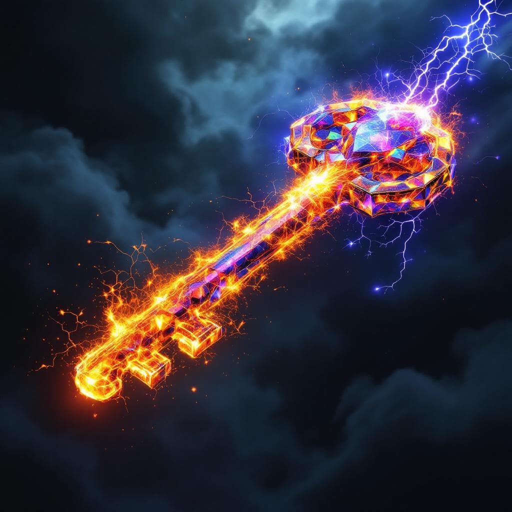 AI generated: Create a key made of Sun Stone with rainbow fire burning at the hilt and the teeth of the keys made ...