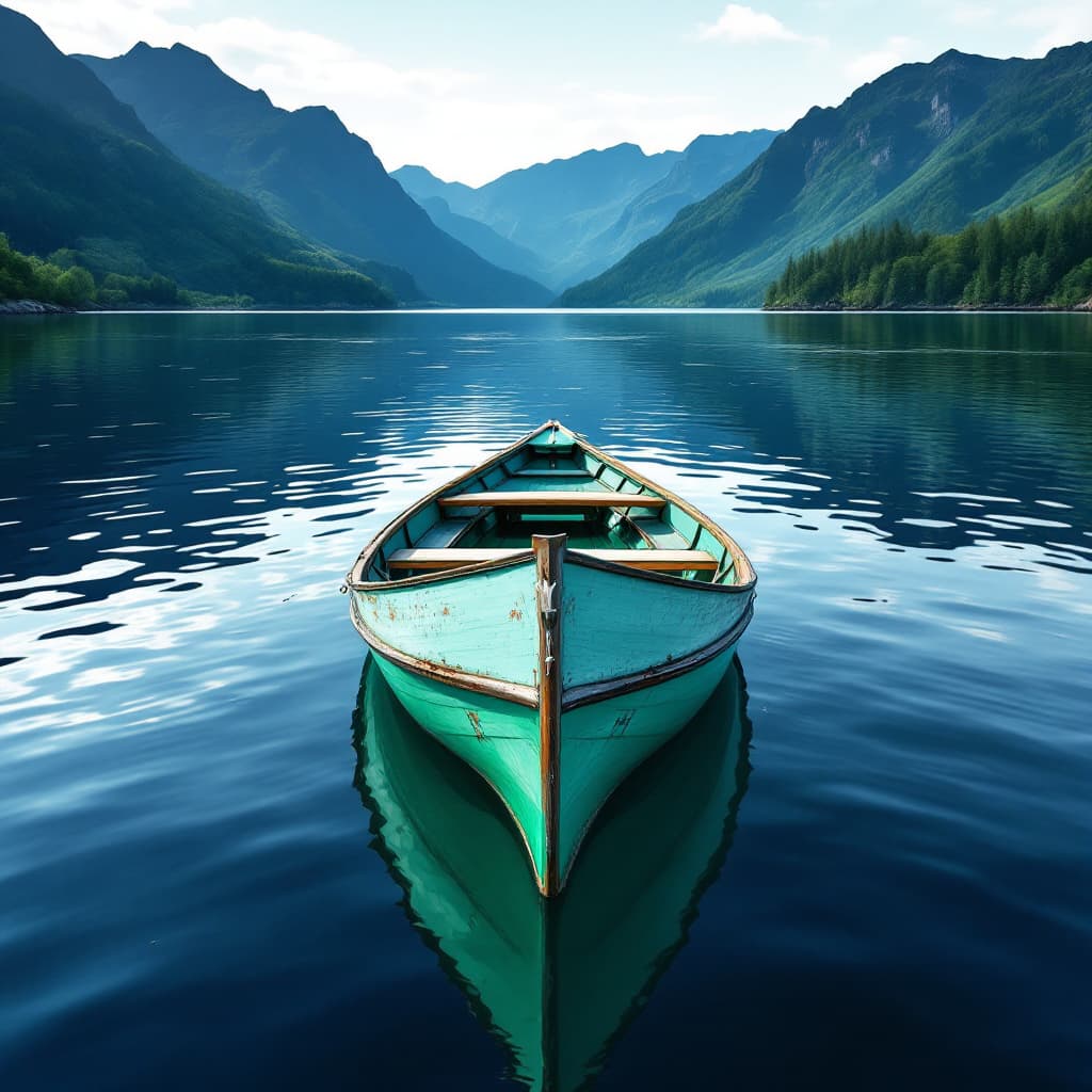 AI generated: Um barco de pesca verde-azulado em um lago sereno, cercado por montanhas cobertas de névoa verde esc...