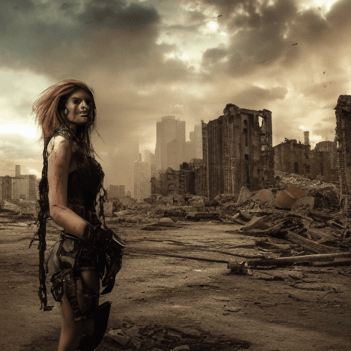 AI generated: Envision a scene from a dystopian future, where the cityscape is ravaged and broken. Amidst the ruin...