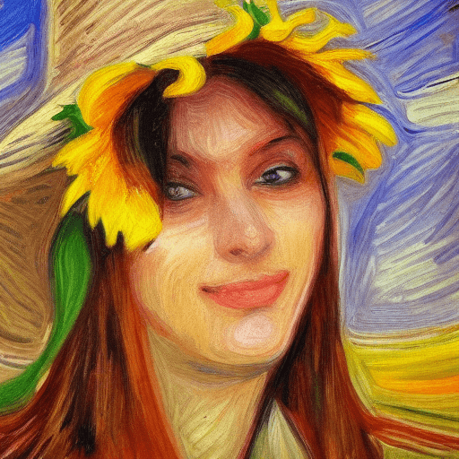 AI generated: impressionist painting, realistic face of woman, sunflower hat, texture, 4k, detail focused, extreme...
