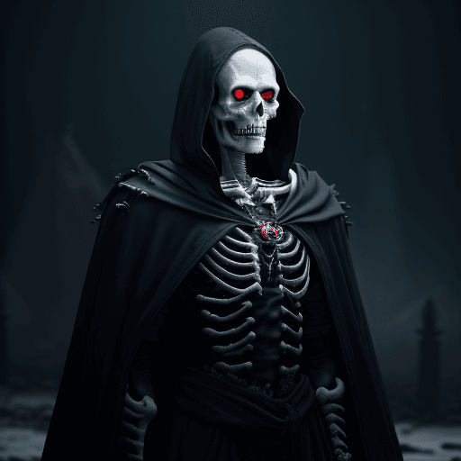 AI generated: An undead vampire with a skeletal appearance, wearing a torn black cloak and a red amulet. An ultra-...