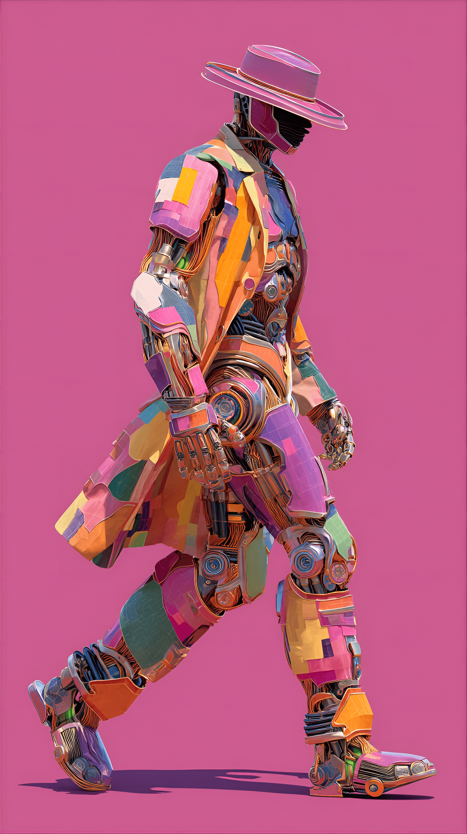 AI generated: brightly colored, futuristic humanoid robot, centered in the frame, is depicted in a full-body view....