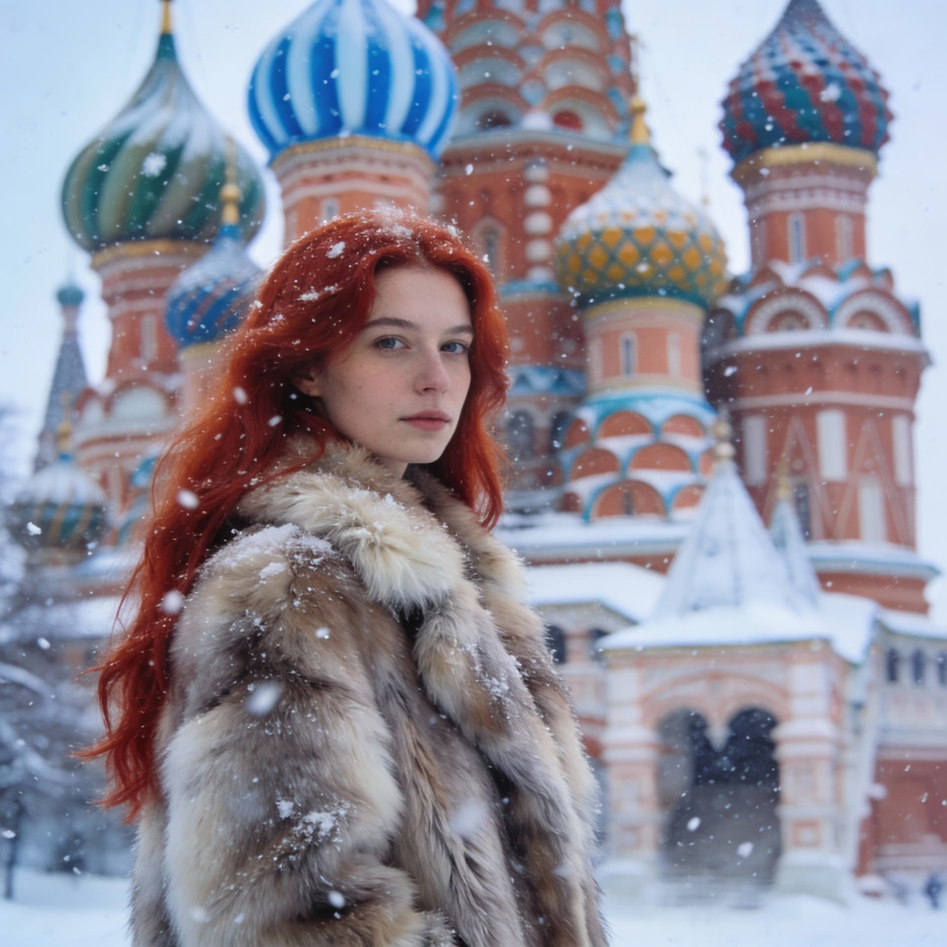 AI generated: A woman with long red hair, wearing a fur coat, standing outdoors in snowy Red Square, Moscow, with ...