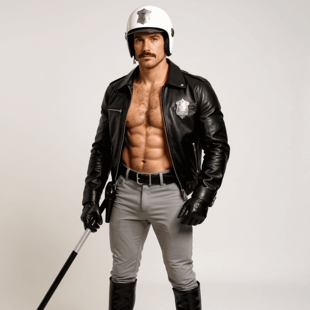AI generated: A hyper-realistic full-body photo of a handsome, muscular man dressed as a stylized 1990s motorcycle...
