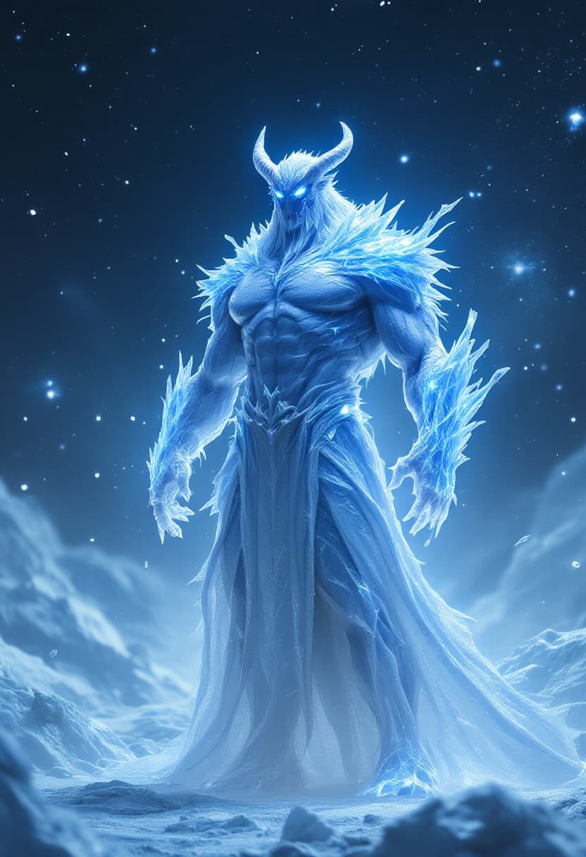 AI generated: God of the Ice, full-body, No Hair or mouth, Etherial, muscular, Glowing Light Blue eyes, epic, cine...