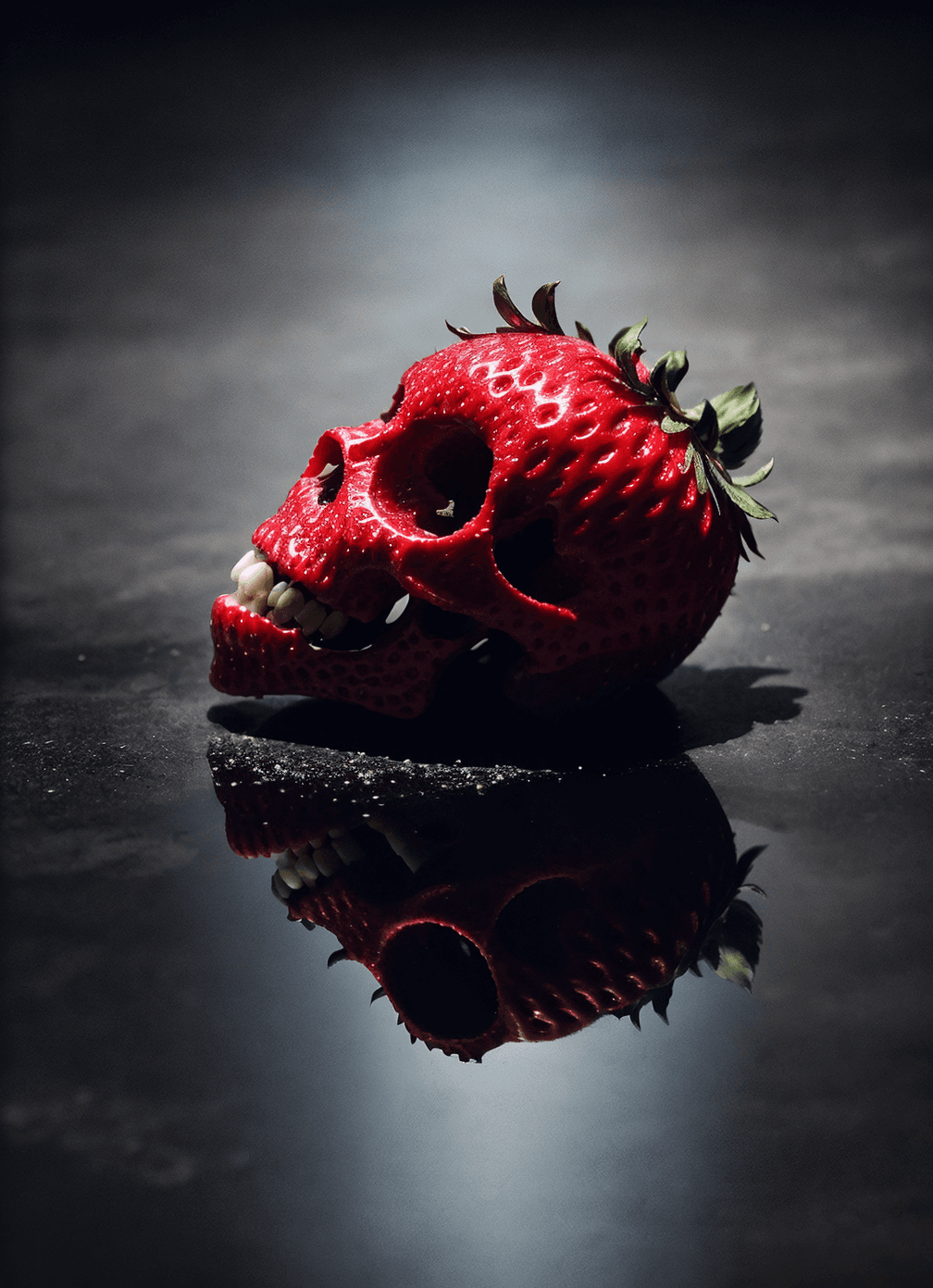 AI generated: close up,delicious strawberry death skull,very detailed scenery, dynamic pose, Visionary details, Cr...