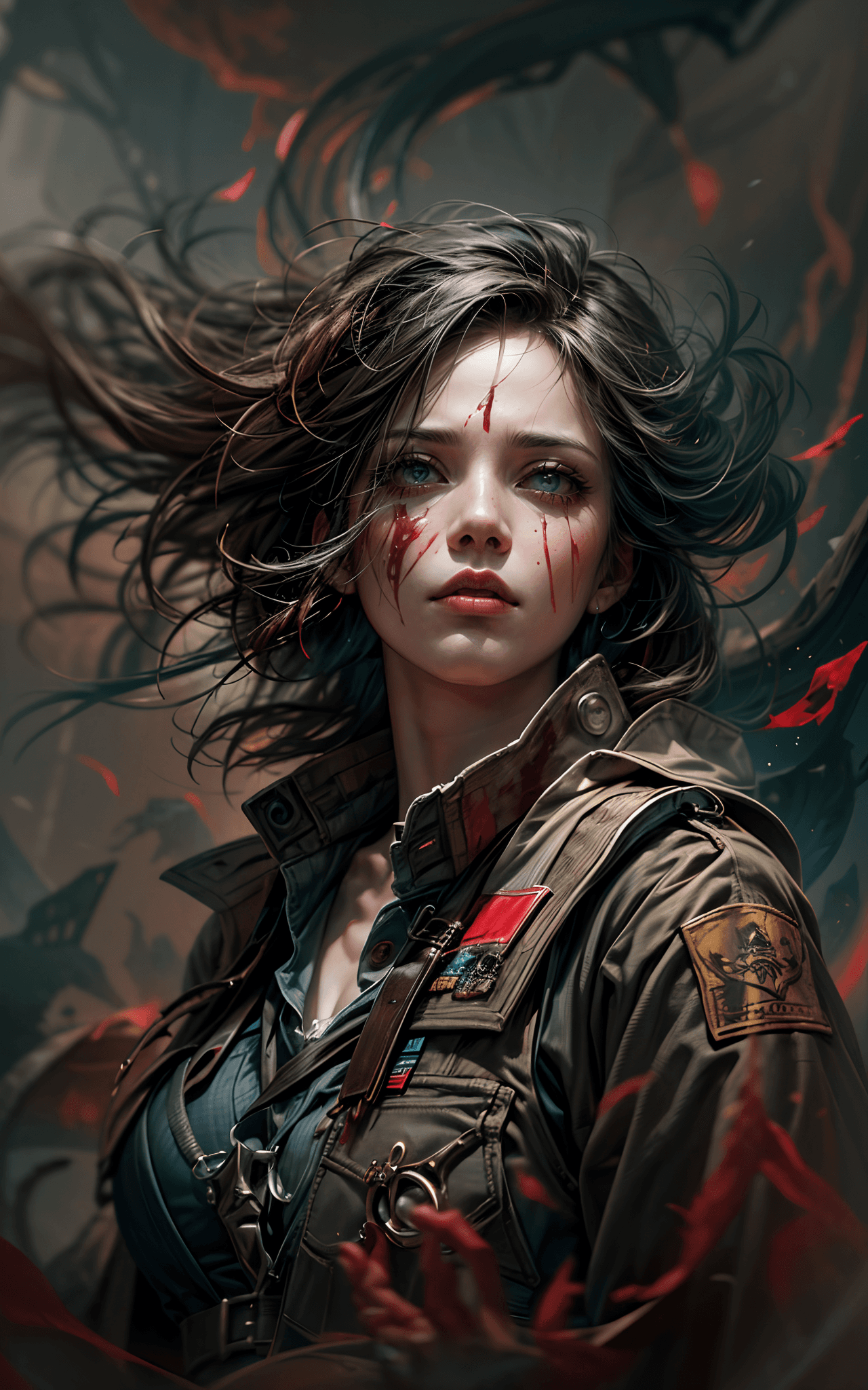 AI generated: Woman, flowing hair, flawless face, isolated, high quality, bloodstained hands, war ambiance, milita...