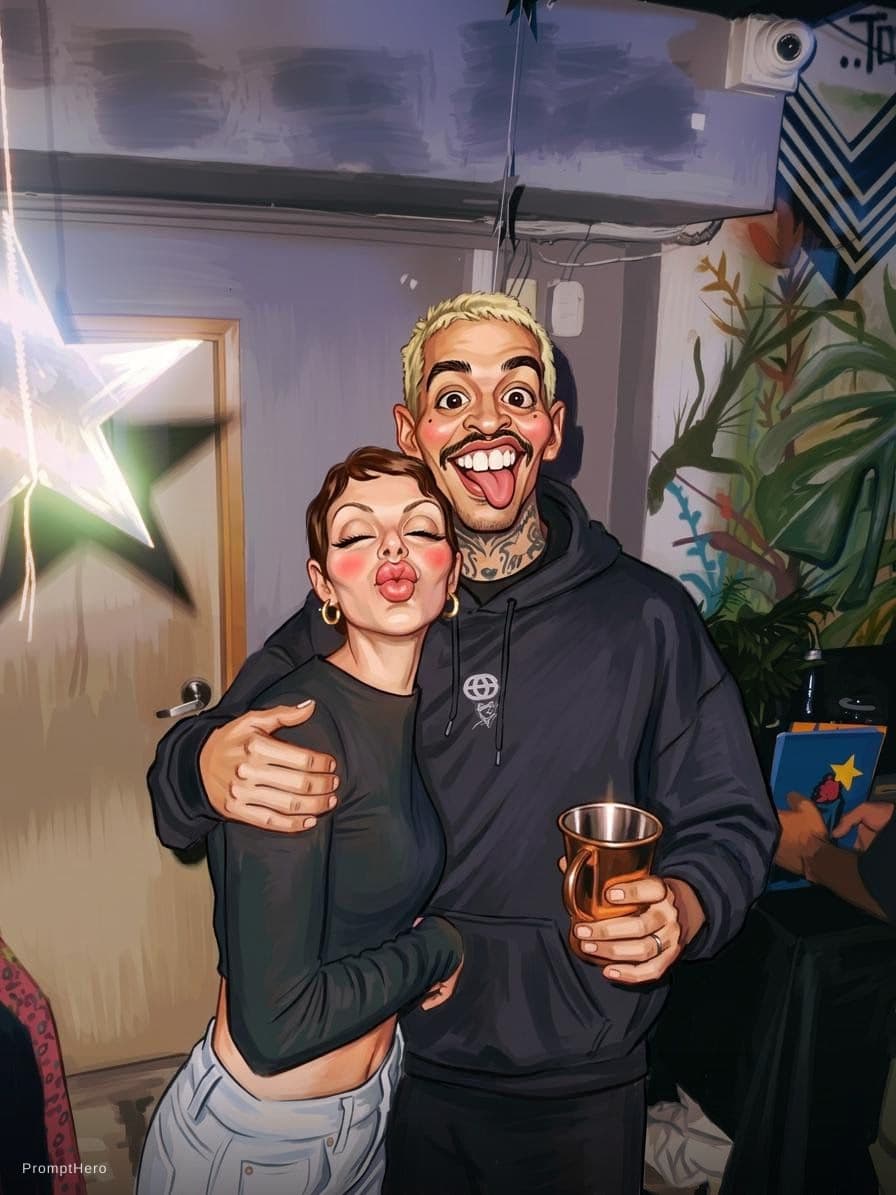 AI generated: funny caricature, adult man and woman (input Image), mid-30's, big cartoonish head, exaggerated cari...