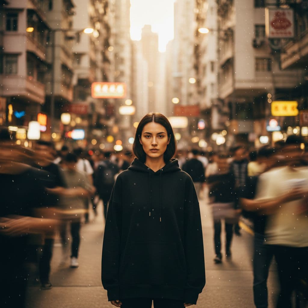 AI generated: photography, candid shot, far range angle, capturing the urban vibe, single focused professional fem...