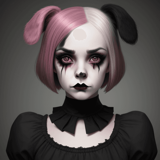 AI generated: British Gothic girl with bobbed hair dressed as a dog, makeup and beat up.