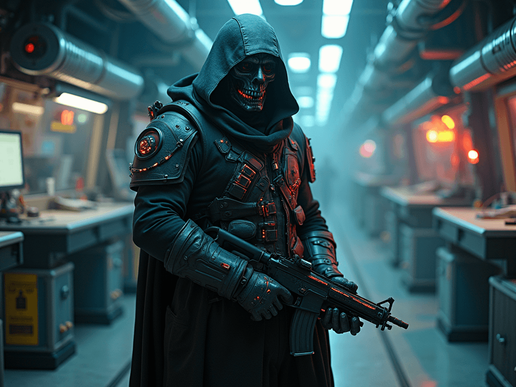 AI generated: A futuristic space pirate wearing plasma-infused battle gear, equipped with an ion cannon. They are ...