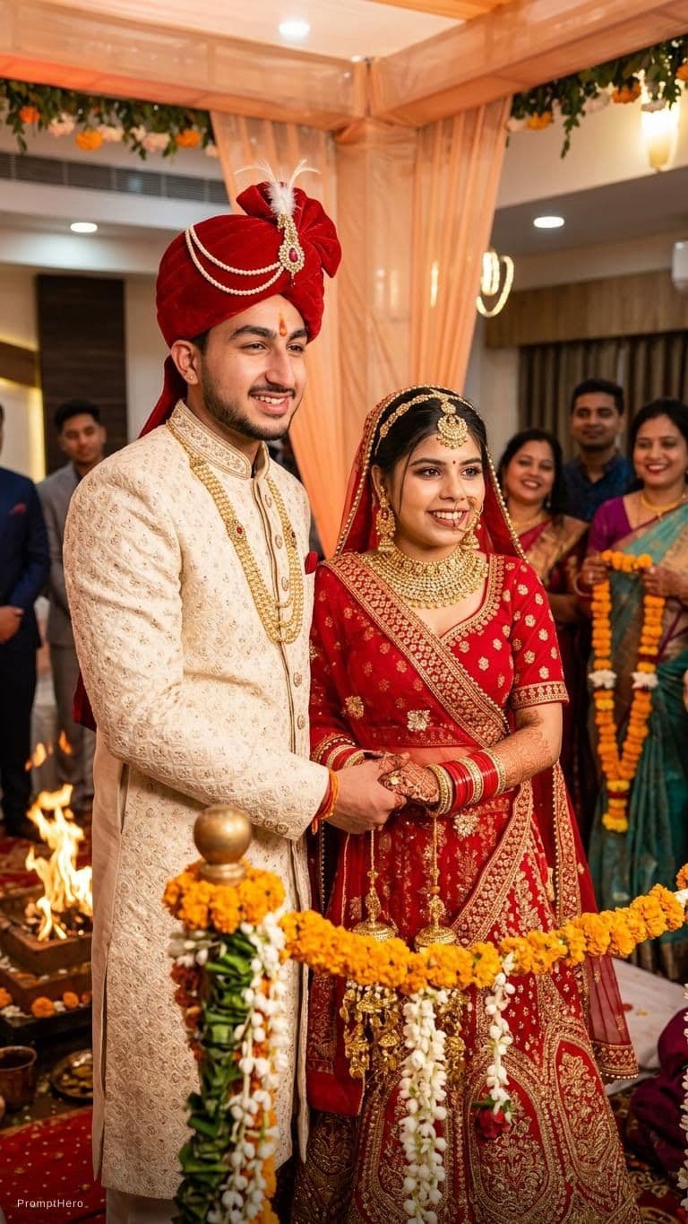 AI generated: Create the image in one frame of hindu wedding make the boy dress up like ka groom and the girly lik...