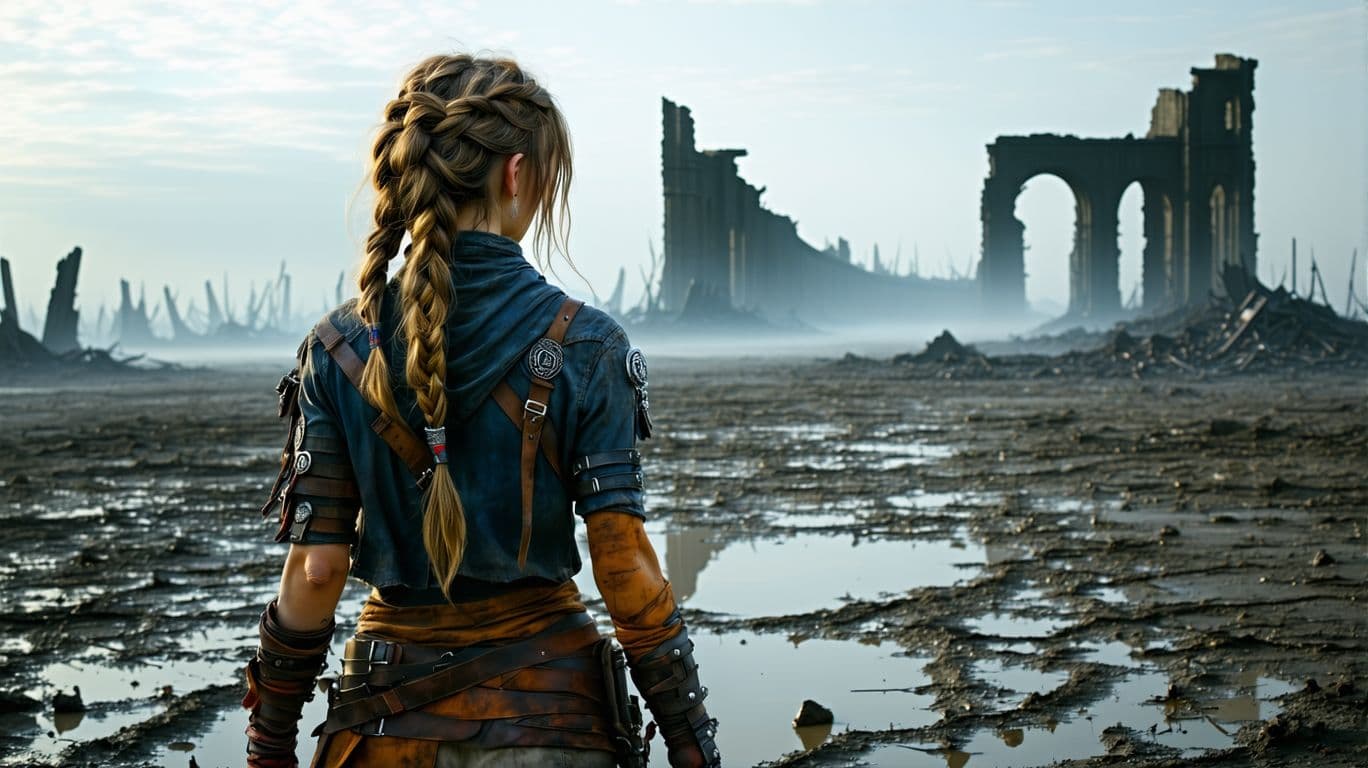 AI generated: A resilient wasteland scout, with weathered skin, a determined gaze and hair braided with found obje...