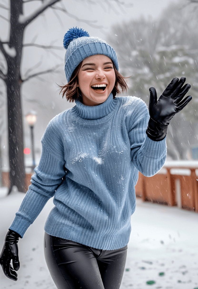 AI generated: full body photograph of a woman with short bob cut hair and rosy cheeks, laughing playing in the sno...