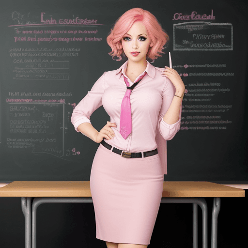AI generated: teacher, pink hair, perfect eyes, light makeup, gorgeous detailed teacher lipstick school background...