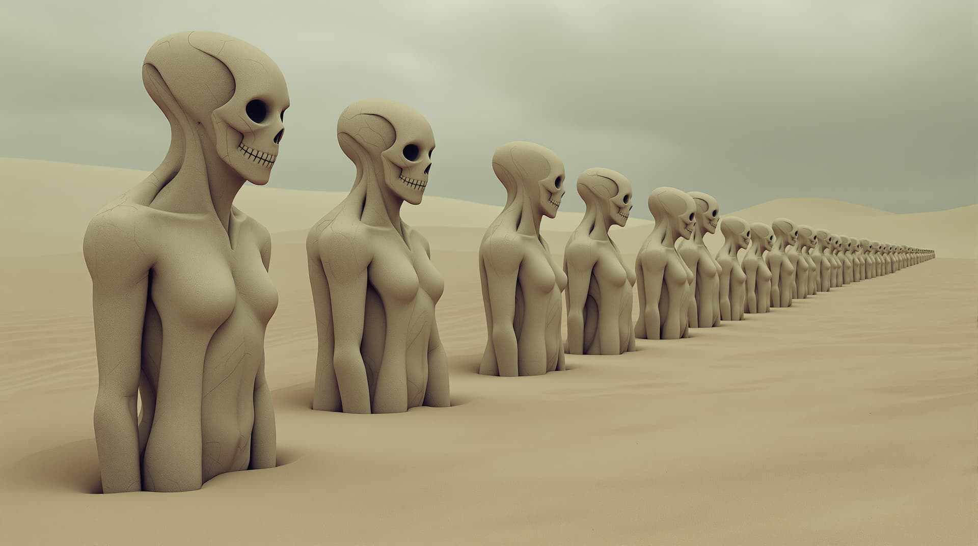 AI generated: Image is a surreal digital artwork depicting a line of humanoid figures partially submerged in a san...