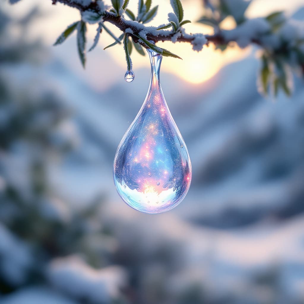 AI generated: A delicate opal waterdrop hanging from a branch in the early morning light, decorated with glitterin...
