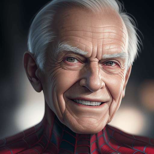 AI generated: photograph close up portrait 85-year-old spiderman, clean shaven, kindly smiling at camera, stoic ci...