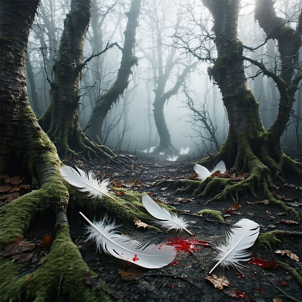 AI generated: Scene: A grayscale forest clearing in ancient Britain, surrounded by twisted, moss-covered trees and...