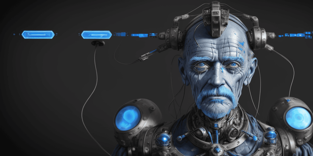 AI generated: blue glass The image features a 100 years very old man with a unique appearance, wearing a headpiece...