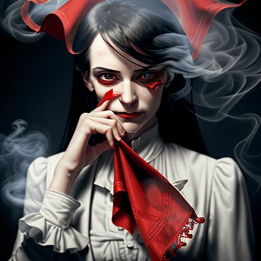 AI generated: Magician holding a red handkerchief in her hand. Above the handkerchief is a hint of white smoke.