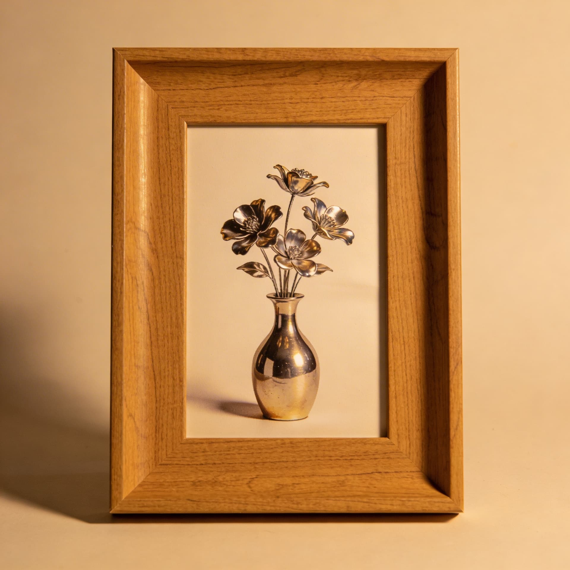 AI generated: A wooden picture frame with a centered image of a metallic vase of metallic flowers