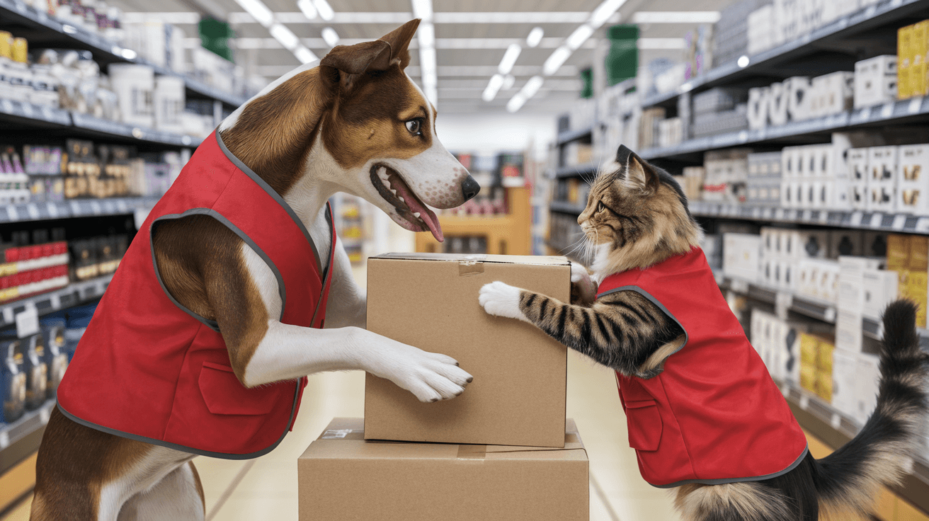 AI generated: A lifelike scene of a dog and a cat working together as employees wearing red vest in a retail store...