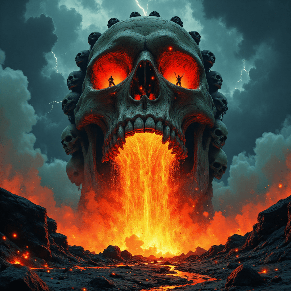 AI generated: (colossal skull forged from thousands of anguished, contorted skulls:1.3) looms in a storm-darkened,...