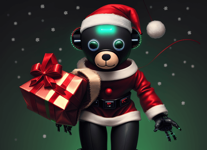 AI generated: Cute Cyber Punk Christmas teddy bear carrying a santa bag
