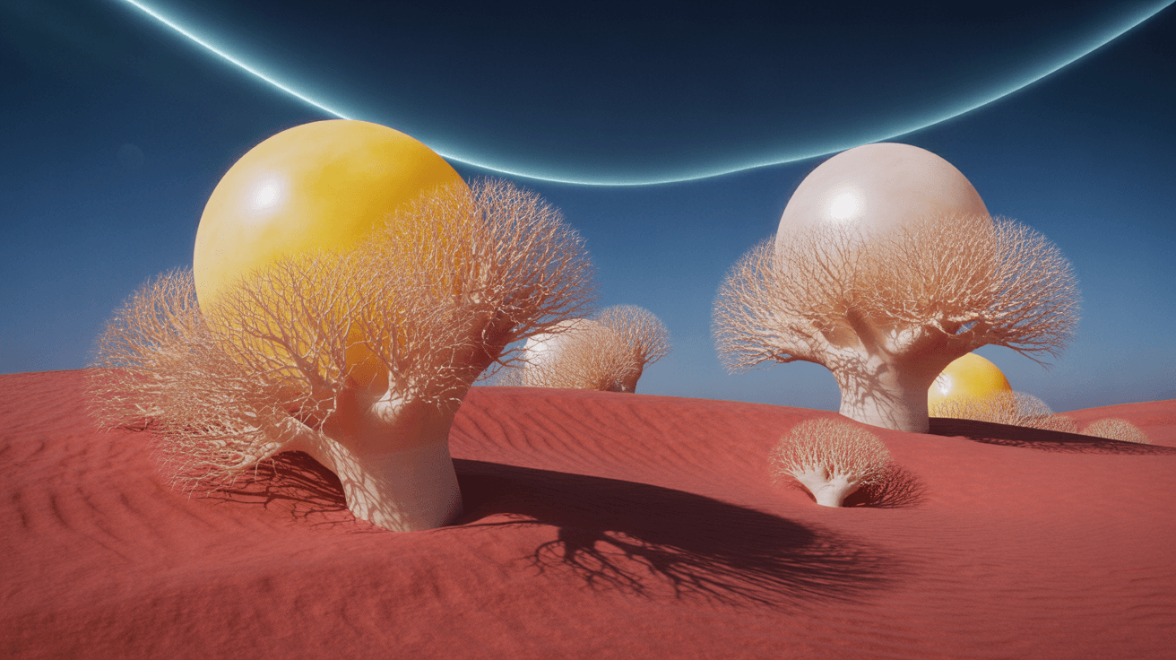 AI generated: create-a-surreal-desert-with-alien-plants-the-plants-are-shaped-like-canary_yellow_pearl-white