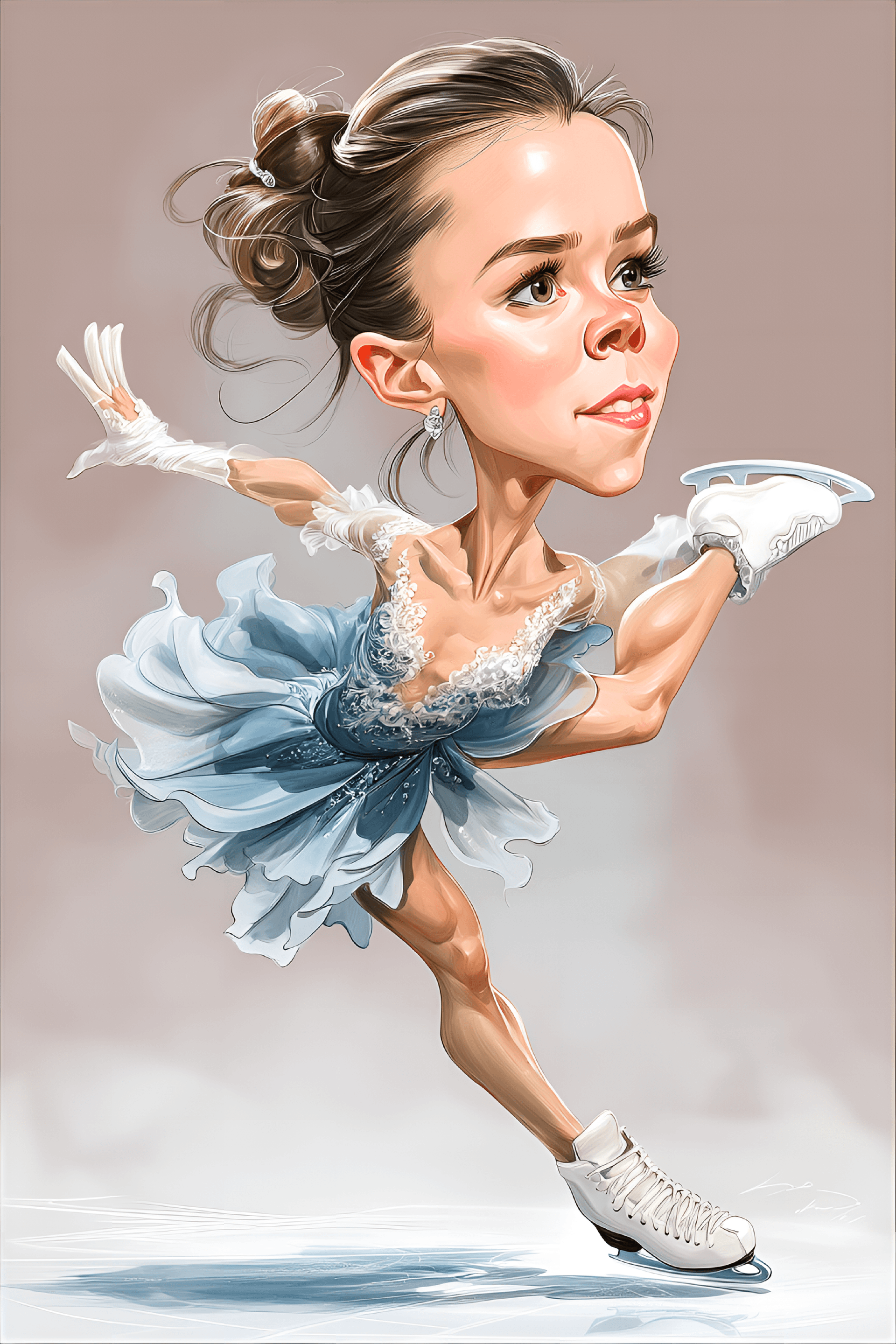 AI generated: funny caricature, olympic figure skater caricature, young russian female, 25 years old, elegant post...