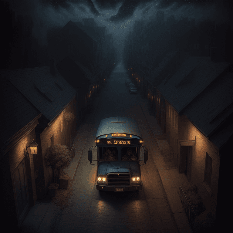AI generated: Art by Kajenna, aerial view of a spooky school bus in an alley, night time, intricate details, highl...