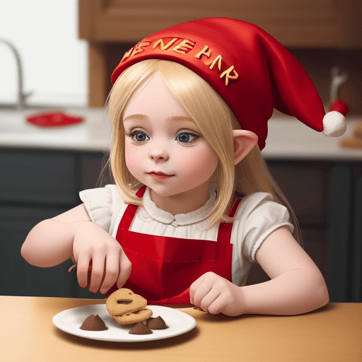 AI generated: little blonde girl,cute gnome girl in a red cap is preparing cookies for the new year. She's trying ...