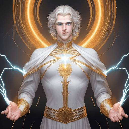 AI generated: young man of 24, with blue eyes, white skin and golden scraggly hair, the result of the electrical p...