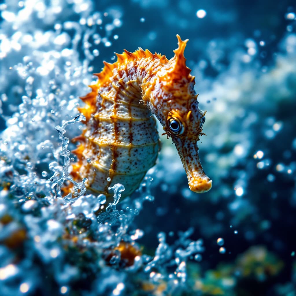 AI generated: A close portrait of a sea horse swimming through the ocean with the current of the waves 
