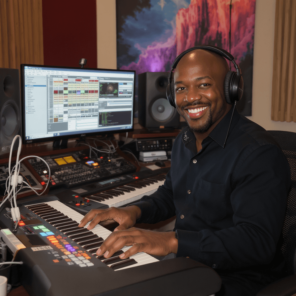 AI generated: Well dressed happy Bald headed black man Creating Music in his Studio Playing a Black Roland digital...