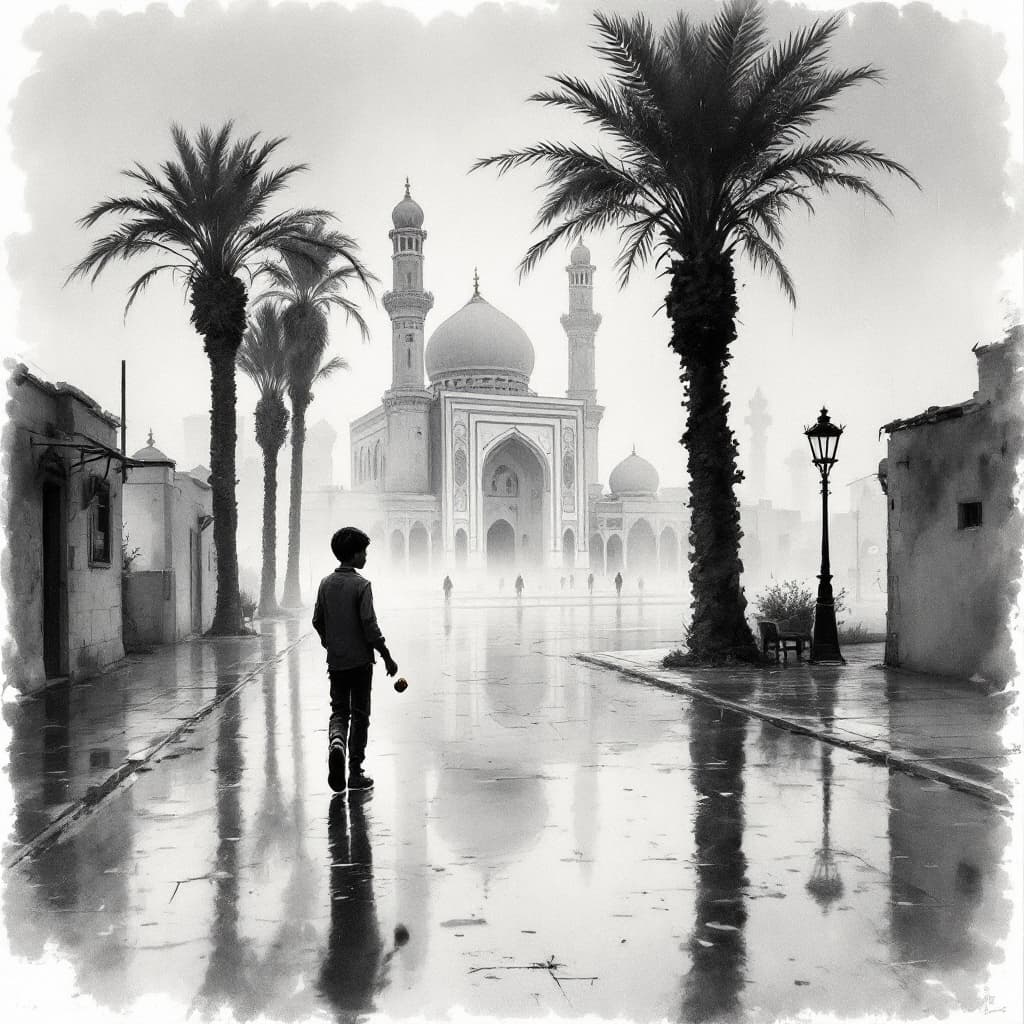 AI generated: **Black and white watercolor painting** in the style of **Winslow Homer** depicting **a quiet street...