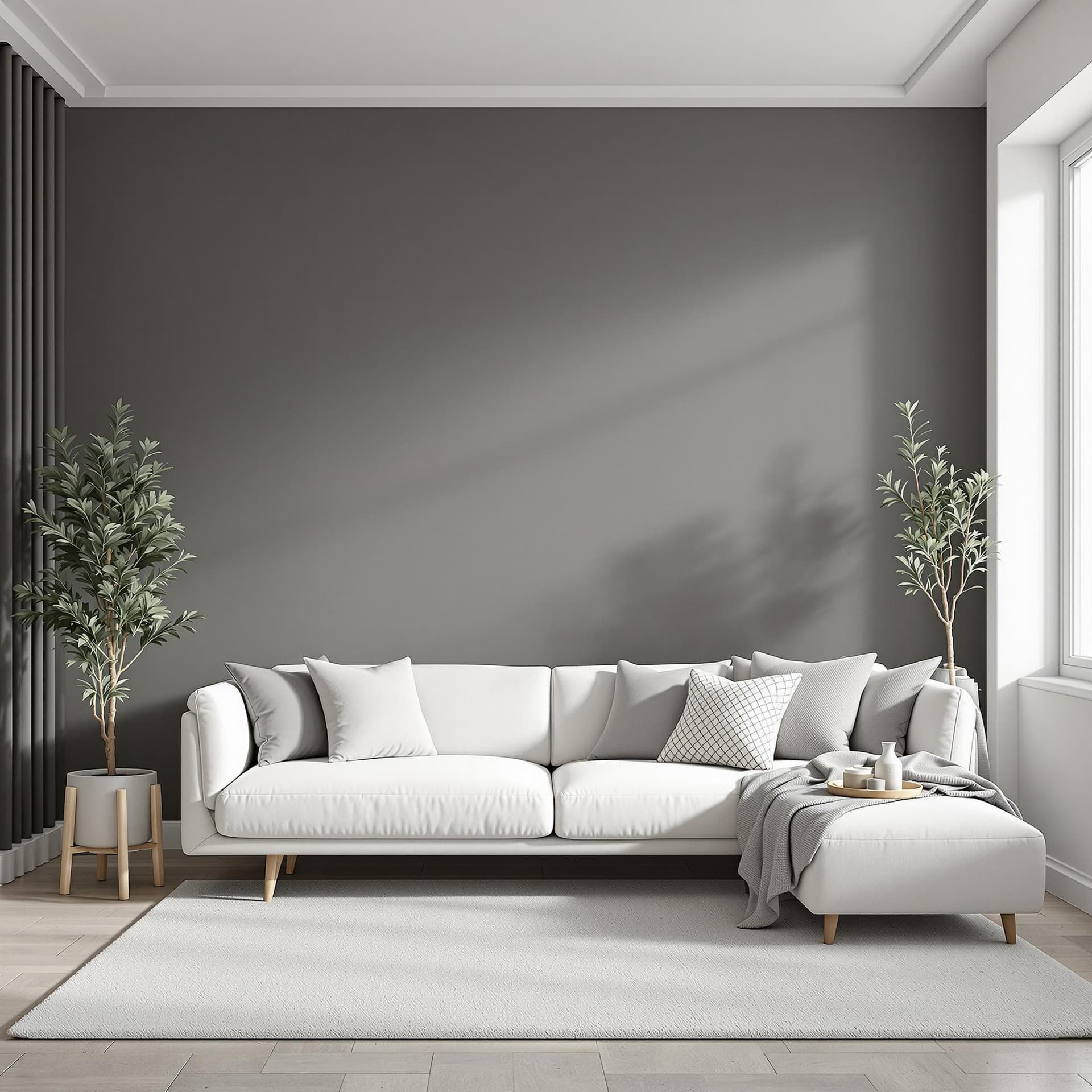 AI generated: Modern living room concept, White Scandinavian interior design with sofa, Ona a pastel dark colour B...