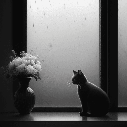 AI generated: monochromatic, rainstorm, hyper-realism, black and white, cat, a feeling of sadness, through a windo...