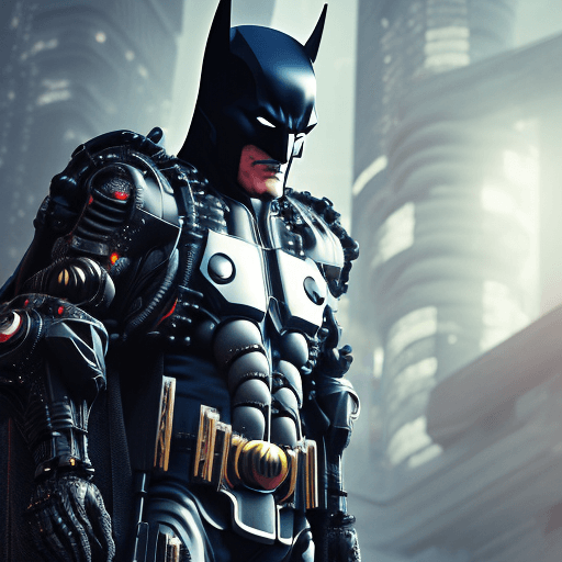 AI generated: octane render of cyberpunk batman by Tsutomu nihei, chrome silk with intricate ornate weaved golden ...