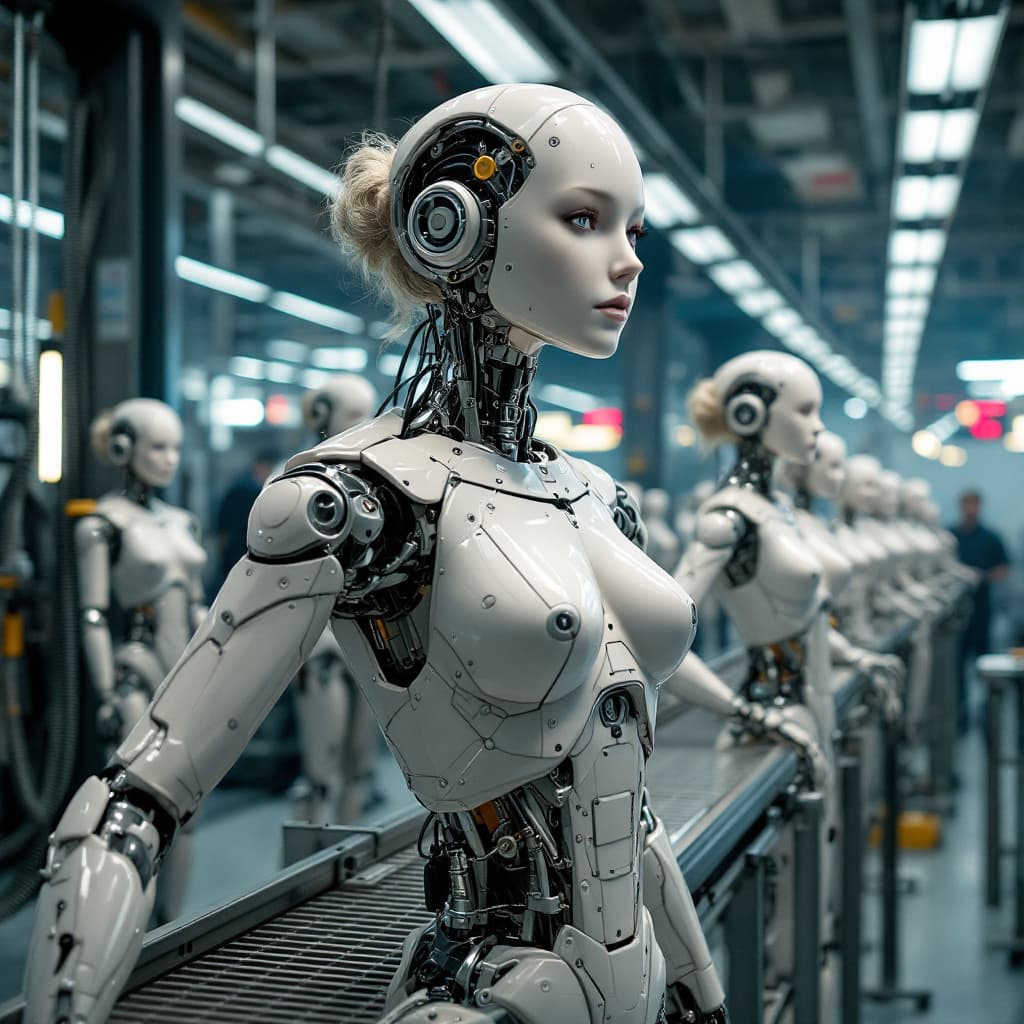 AI generated: kreiere eine große halle in der frauen wie roboter hergestellt und montiert werden. sie stehen alle ...