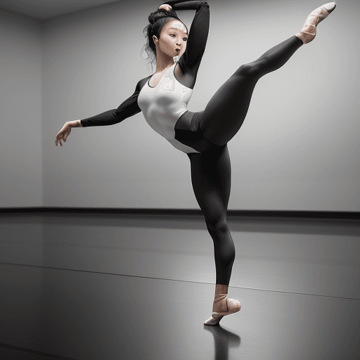 AI generated: Photo of an athletic Asian female ballet dancer in black bottoms and a white long-sleeved top, grace...