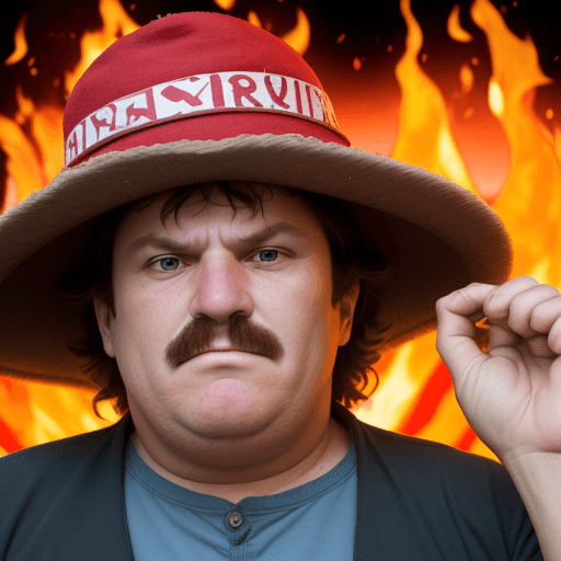 AI generated: Javier Milei, 55 years old, very very angry, fat, in his head a goofy hat, fire, with in his hand pu...