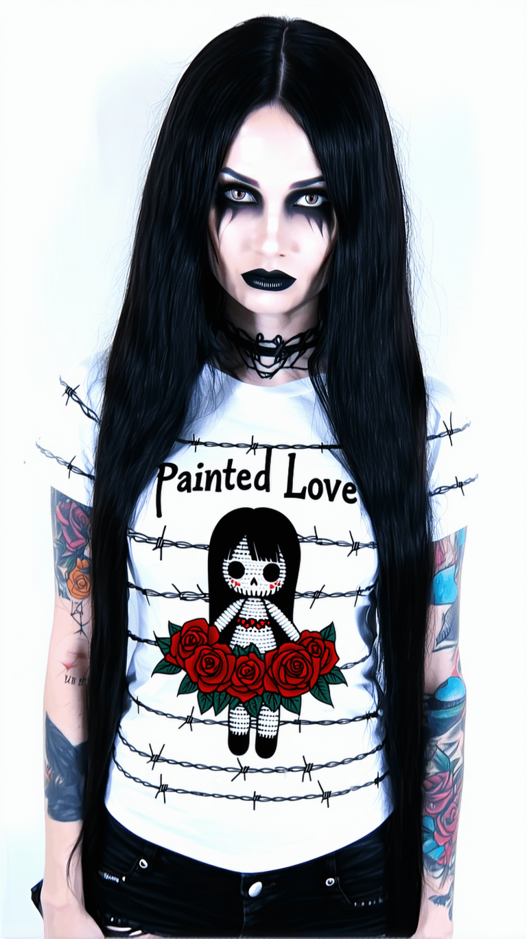 AI generated: A gothic woman with long black hair wearing a white t-shirt featuring the original design with the t...