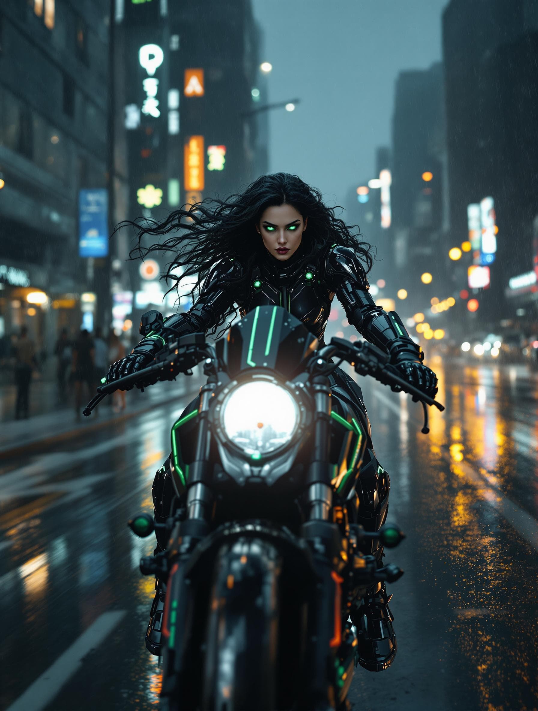 AI generated: a beautiful cyborg woman with long curly black her and beautiful stunning green eyes driving her nin...