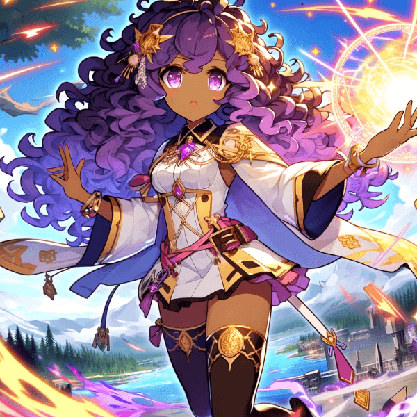AI generated: anime woman, african american, painterly style, very pretty and cute mage woman with curly purple ha...