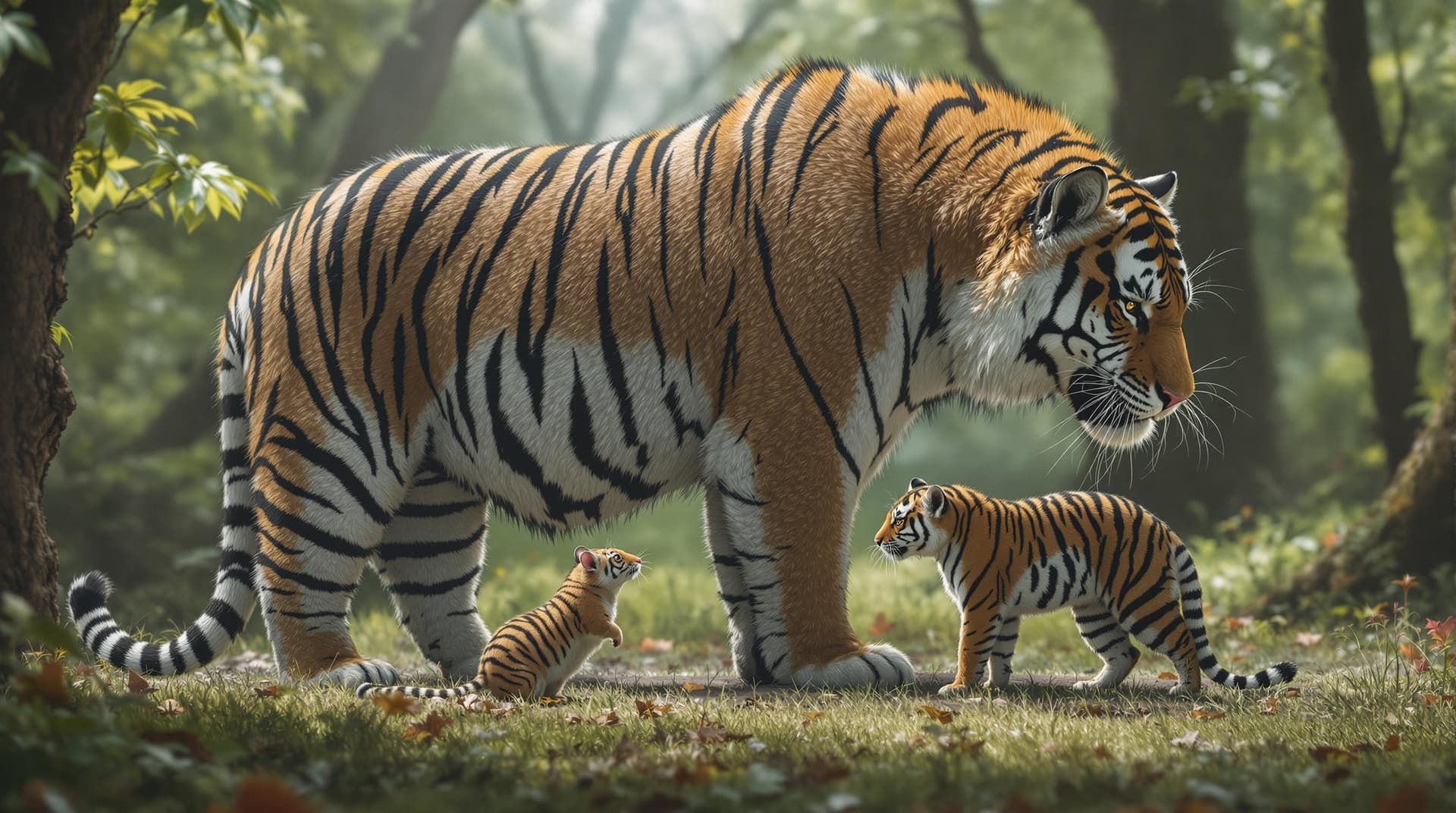 AI generated: a huge mouse standing by a same sized tiger