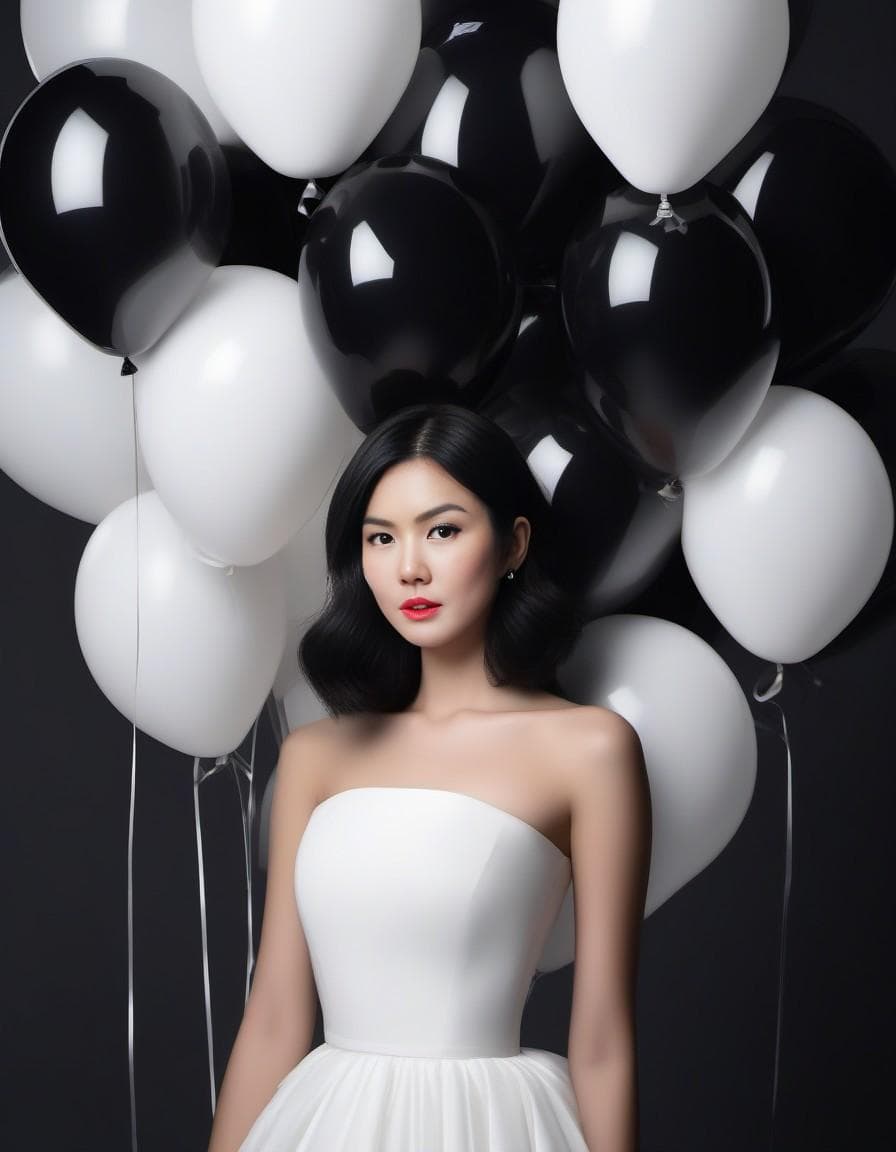 AI generated: photography of woman fashion models wearing puff dress made of balloons, 8k, photo realism, --ar 3:4